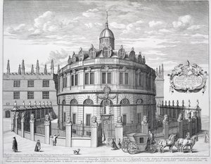 مسرح Sheldonian ، أكسفورد ، من "Oxonia Illustrata" ، تم نشره عام 1675 بواسطة ديفيد لوجان
